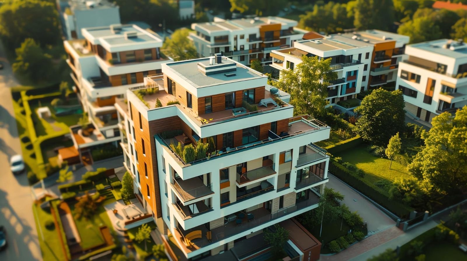Vista superior de um edifício residencial com linhas geométricas, cobertura ajardinada e varandas envidraçadas, inserido num bairro planeado e sustentável.